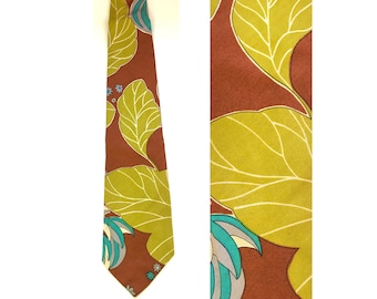70s Brown Lime Green & Teal Floral Leaf Print Tie, Vintage Retro Print Wide Necktie, Colorful Hipster Preppy Flowered Leaf Print Tie