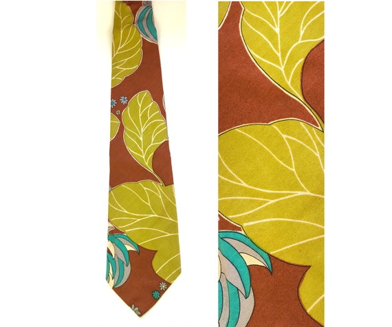 70s Brown Lime Green & Teal Floral Leaf Print Tie,