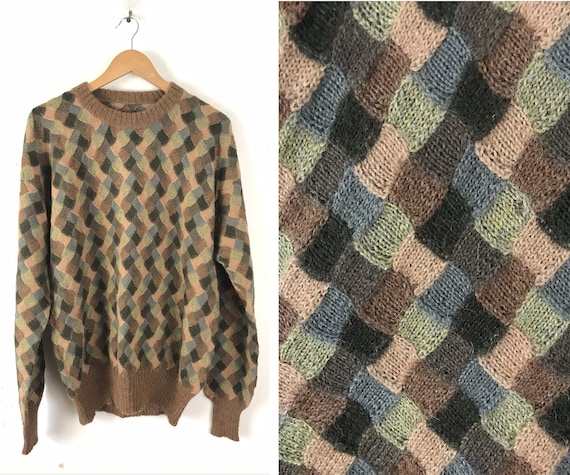 Vintage Brown & Green Patchwork Sweater Mens XL, R