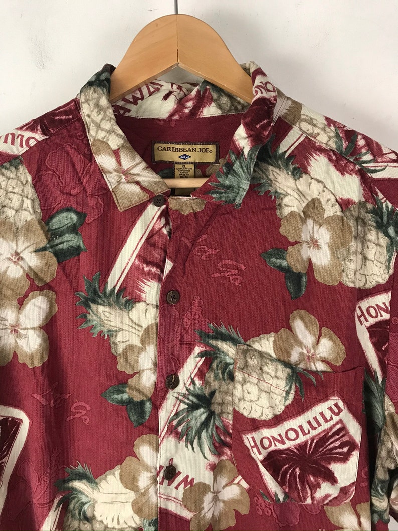 Vintage Red Floral Pineapple Hawaiian Shirt Mens XL Flowered Honolulu Hawaii Shirt Tropical Pineapple Palm Tree Summer Hawaiian Shirt