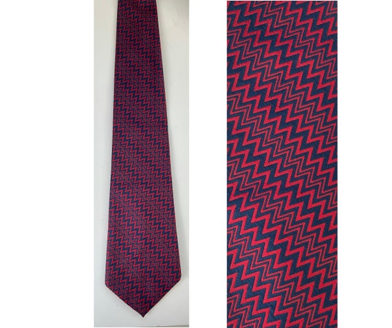 70s Red & Navy Blue Zigzag Tie, Vintage Polyester… - image 1