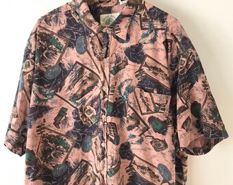 Camisa vintage para hombre con estampado de pesca con mosca, talla 3XL, camisa abotonada con estampado de pesca, camisa de pescador para pesca con mosca, regalo para el Día del Padre, camisa novedosa