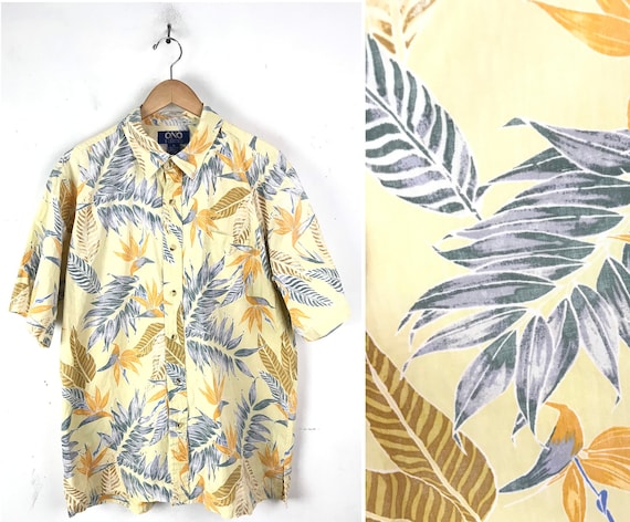 Vintage Yellow & Blue Leaf Print Hawaiian Shirt M… - image 1