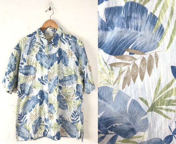 90s Tori Richard Blue & Green Leaf Print Hawaiian… - image 1