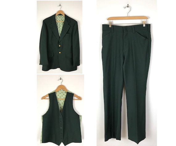 70s JC Penney Dark Green Three Piece Polyester Sui