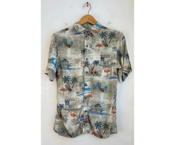 Vintage Flamingo Palm Tree Hawaiian Shirt Mens Sm… - image 1