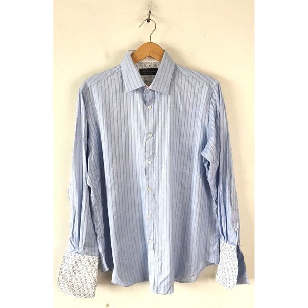 90s Light Blue Striped Contrast French Cuff Dress Shirt Mens Size 17 32/33 XL, Geometric Print French Cuff Shirt, Formal Event Dress Shirt