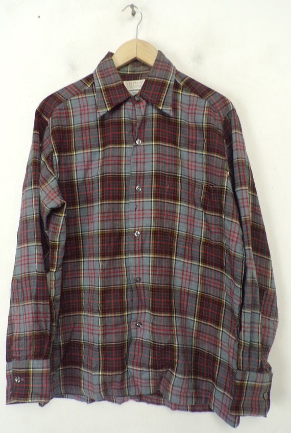 80s Gray Red Green & Yellow Plaid Shirt Medium, W… - image 2