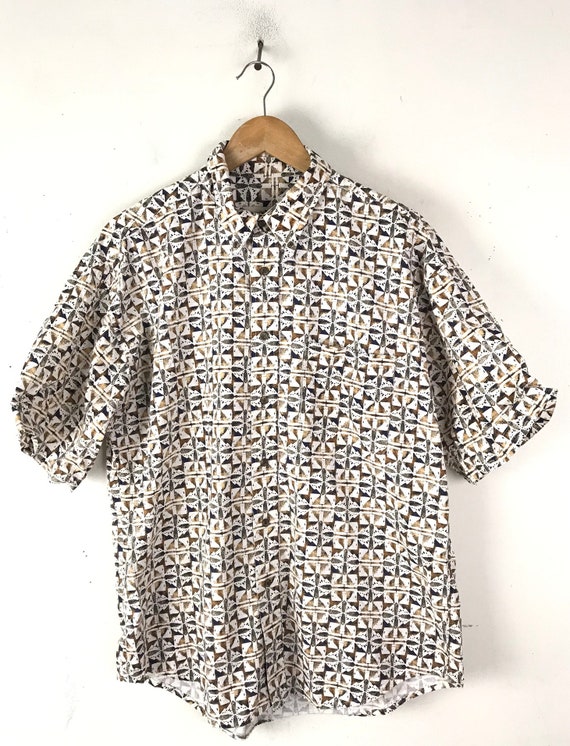 Vintage Mens Abstract Print Shirt, 90s Brown Whit… - image 1