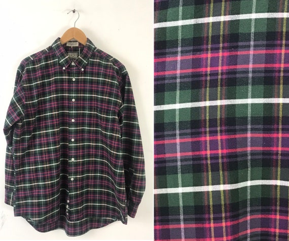 Vintage Plaid Shirt, 90s Green Pink & Purple Plaid