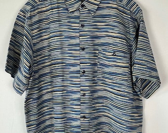 90s Blue Green & Yellow Striped Silk Shirt Mens XL, Preppy Retro Colorful Striped Button Down Shirt, Mens Silk Print Shirt