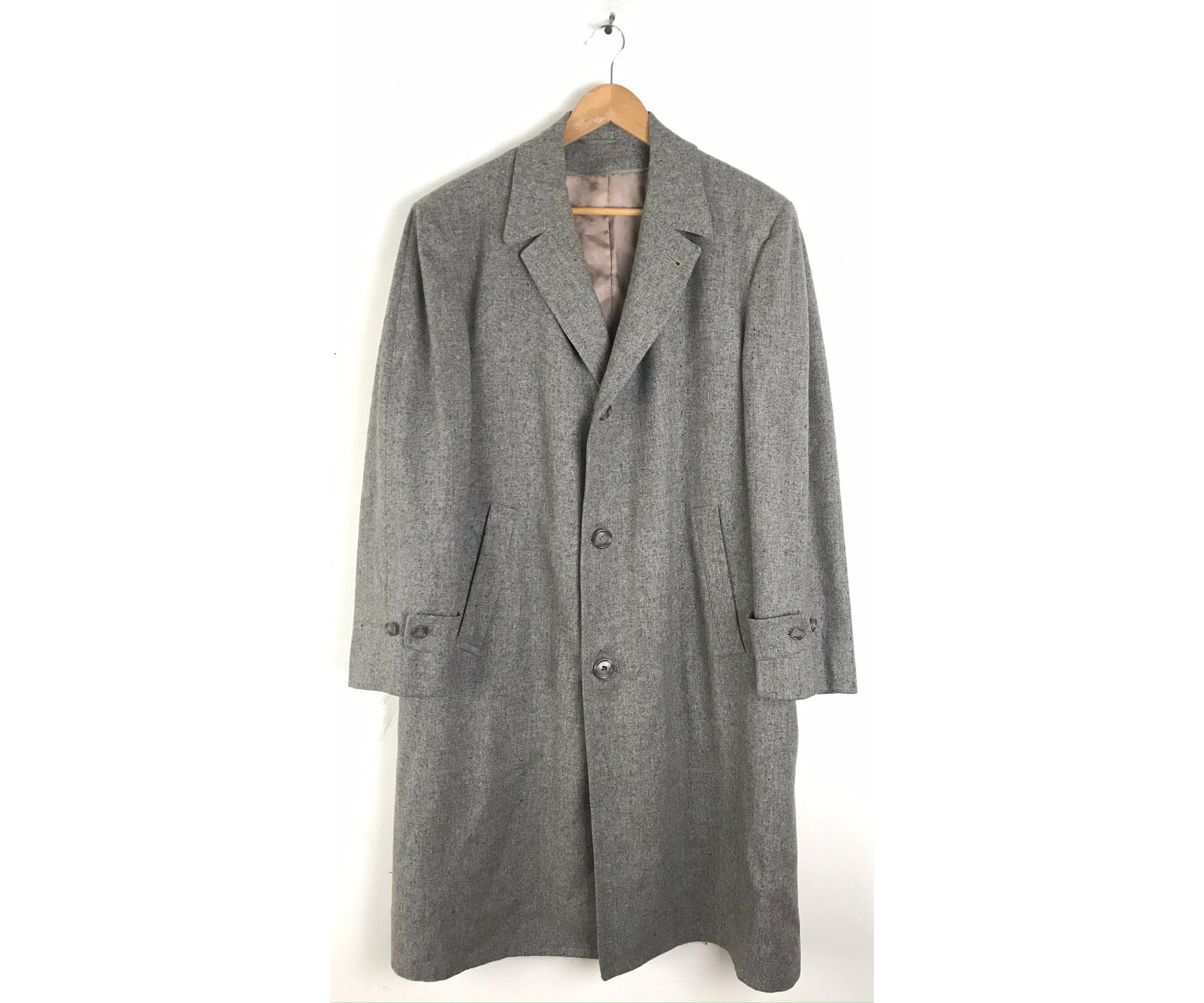 50s Mens Gray Marbled Wool Overcoat With Plaid Lining Mens Size