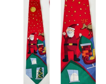 Vintage Santa On My Roof Tie, Christmas Santa Claus Reindeer Necktie, Fun Cartoon Santa Novelty Tie, Holiday Christmas