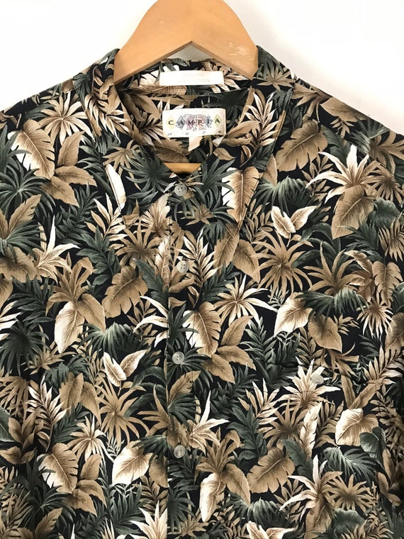 90s Brown & Green Leaf Print Hawaiian Shirt Mens … - image 3