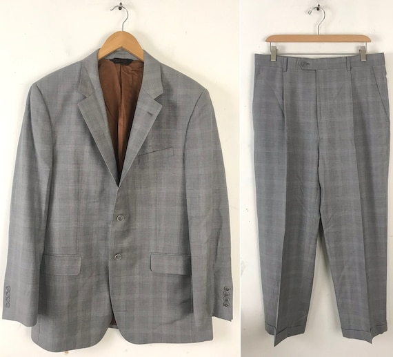 90s Jos A Bank Light Gray Plaid Two Piece Suit Me… - image 1