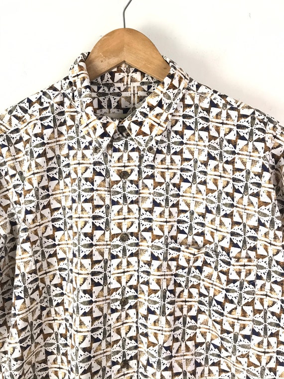 Vintage Mens Abstract Print Shirt, 90s Brown Whit… - image 5