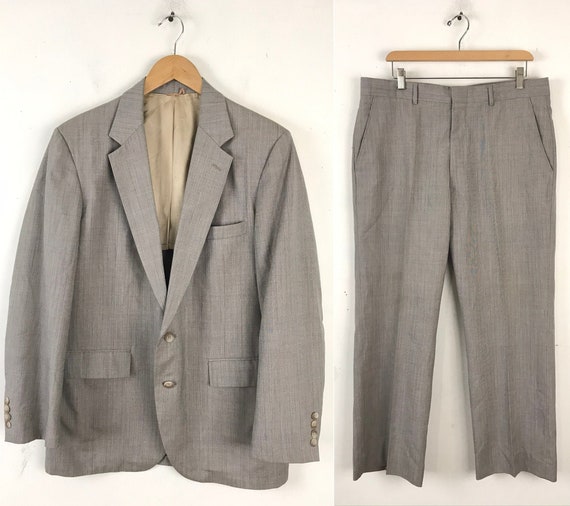 80s Light Gray Blue Pinstriped Two Piece Suit Mens Si… - Gem