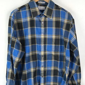 80s Blue Brown Black Plaid Button Down Shirt Mens XL, Fall Autumn Plaid Shirt, Classic Plaid Button Down, Vintage Mens Plaid Shirt