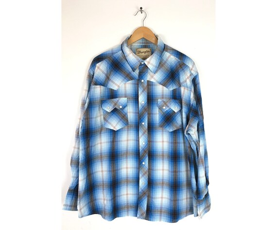 Vintage Mens Western Shirt Wrangler Blue Black Orange Plaid