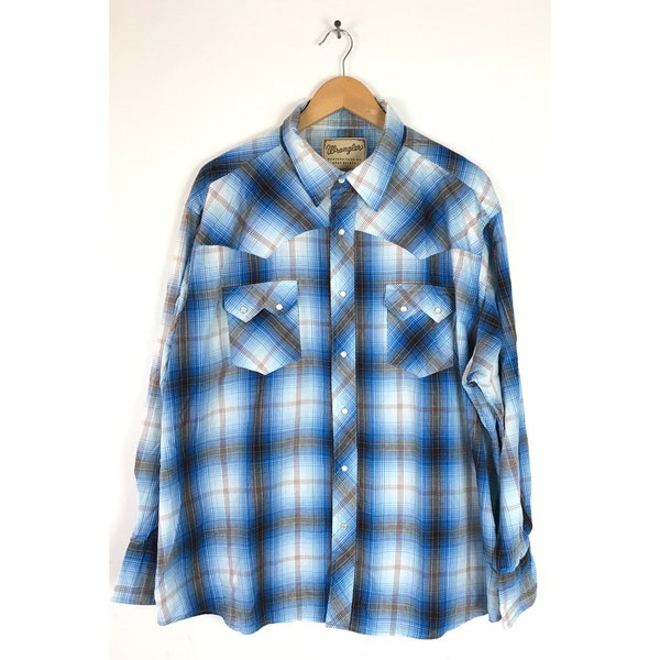 Chemise Western Wrangler Pearl Snap – Orange Et Bleu à Carreaux, Manches Courtes, Taille XL