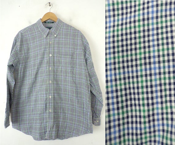Vintage Mens Plaid Shirt, 1990s Green & Blue Plai… - image 1
