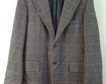 80s Red & Gray Plaid Sport Coat Mens Size 42, Vintage Wool Plaid Blazer, Gray Blazer, Gray Plaid, Mens Classic Blazer