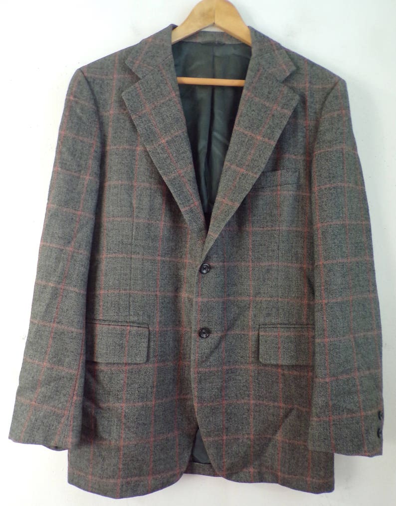 Vintge Mens Plaid Blazer, 1980s Red Gray Size 42 Wool Plaid Blazer, Gray Blazer, Gray Plaid, Mens Classic Blazer, High End, Plaid, 80s image 2