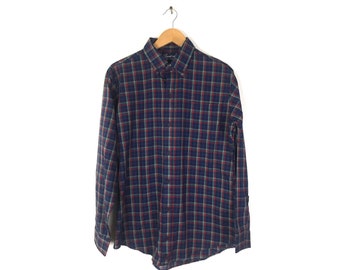 80s Blue Red & Green Plaid Shirt Mens Large, Vintage Plaid Button Down Shirt, Classic Preppy Colorful Plaid Shirt