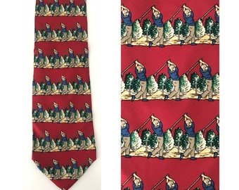 Vintage 90s Silk Golfer Print Tie, Novelty Golf Gift