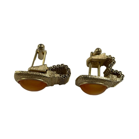 Paire De Boutons De Manchette Vintage - Métal Doré Et Pierre Ambrée - Occasion - Accessoire élégant Pour Chemise