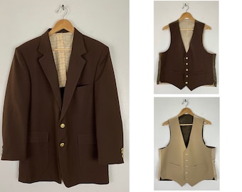 70s Dark Brown Sport Coat & Matching Reversible Vest Mens Size 44R, Vintage Gold Button Formal Blazer Vest, Dark Brown Polyester Sport Coat
