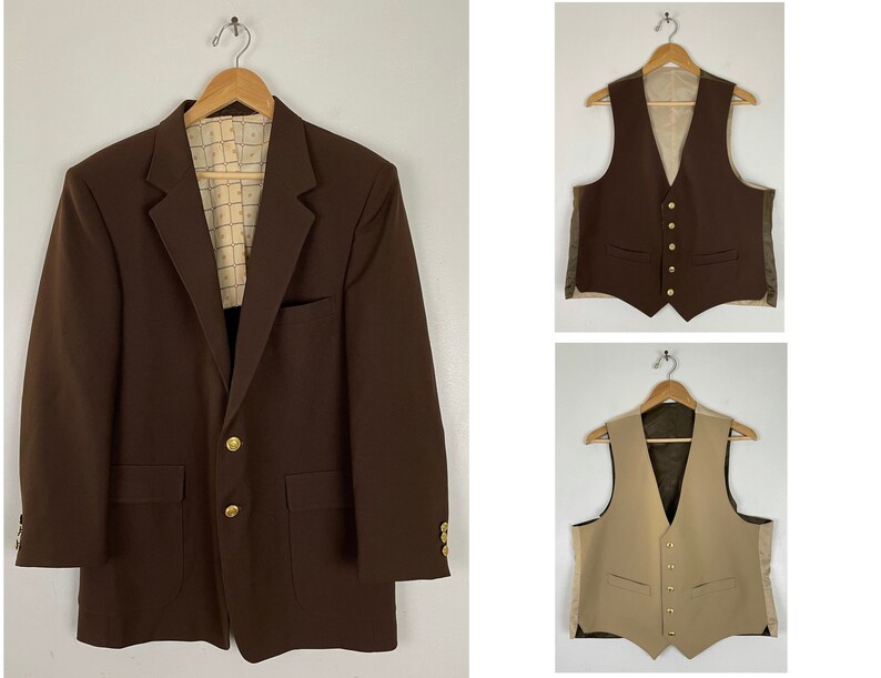 70s Dark Brown Sport Coat & Matching Reversible Vest Mens Size 44R, Vintage Gold Button shops Formal Blazer Vest, Dark Brown Polyester Sport Coat