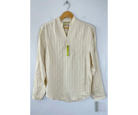 Vintage Beige Striped Shirt Mens Small, 90s New Old Stock Heritage
