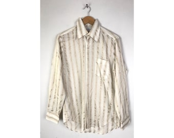 70s Gold & White Striped Disco Shirt Mens Large 15 33 | Vintage Dressy Formal Gold Shirt | High End Shiny Gold Striped Shirt