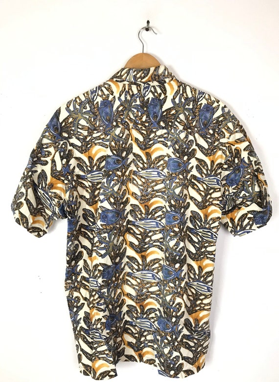 Vintage Mens Hawaiian Fish Print Shirt, Yellow & … - image 5