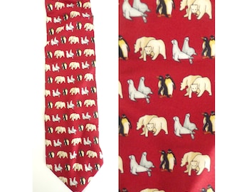Vintage Mens Polar Bear & PenguinTie, 1990s Red Animal Tie, Animal Lover, Winter Tie, Novelty Tie, Polar Bears Penguins Seals Tie, Necktie