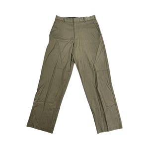 May include: A pair of brown dress trousers with a subtle pinstripe pattern.