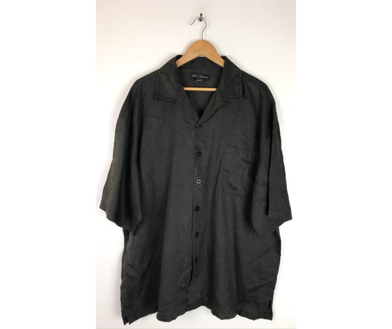 Vintage Black Linen Shirt Mens 3XL, Black Short Sl