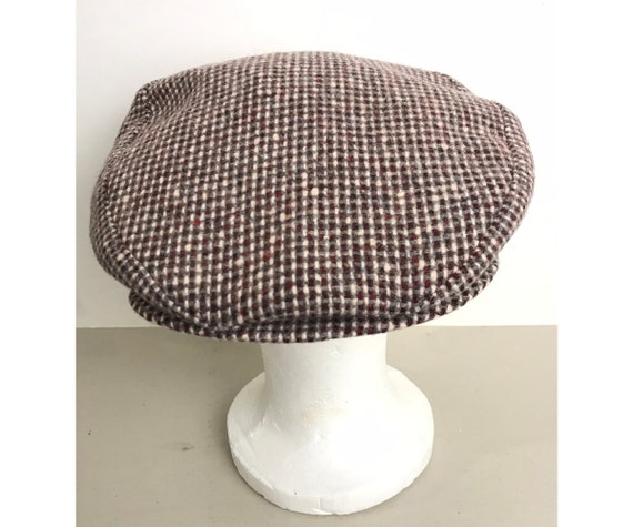 70s Red Gray & White Plaid Newsboy Hat, Vintage Ne
