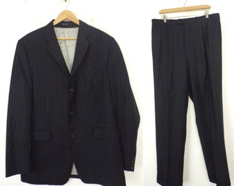 Vintage Mens Pinstripe Suit,Black White Pinstriped Two Piece Suit Mens 42L & 38W, Black Pinstriped Suit, Formal Two Piece Suit, Black Suit