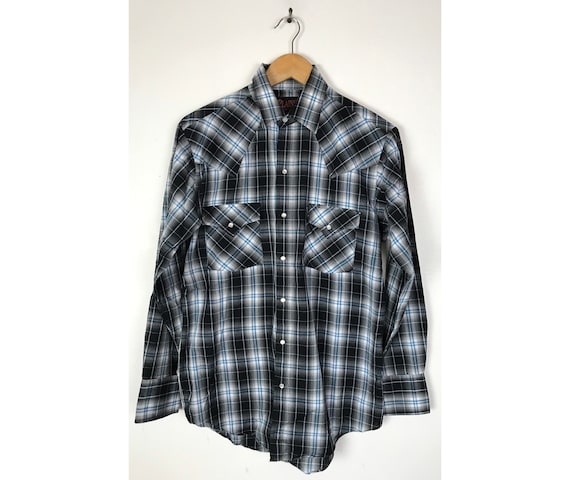Vintage Black & Blue Plaid Western Shirt Mens Smal