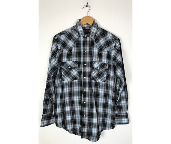 Vintage Black & Blue Plaid Western Shirt Mens Sma… - image 1