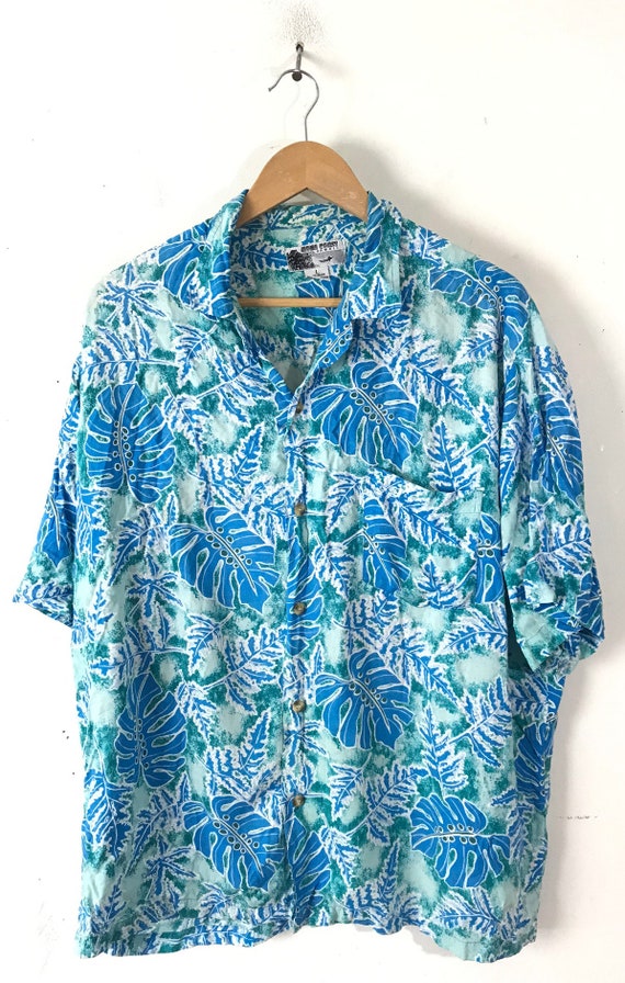 Vintage Mens Hawaiian Shirt, 90s Blue & Green Lea… - image 2