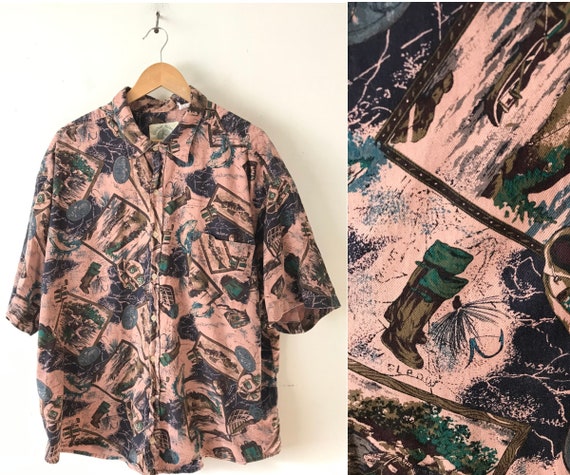 90s Fly Fishing Print Shirt Mens Size 3XL, Fishing Print Button