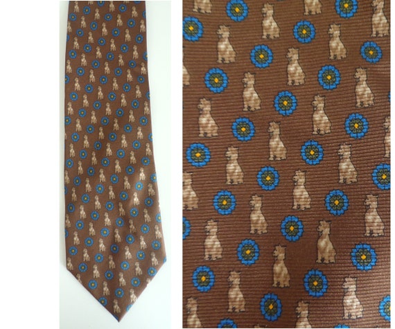 Vintage Brown & Blue Flower Dog Print Mens Tie, D… - image 1