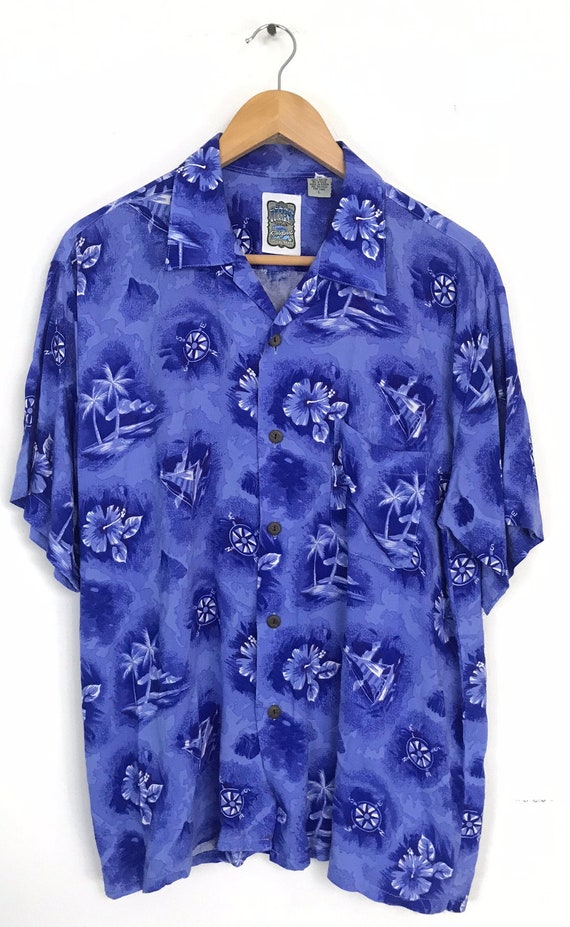Vintage Mens Nautical Hawaiian Shirt, 90s Blue Wh… - image 2