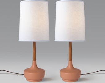 Mid Century Table Lamp Ceramic & Teak — Brooke Desert Rose #1 — Pair
