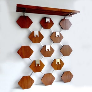 Vintage Danish Mid Century Hexagons Teak Wood Coat/Hat Hanger & Shelf