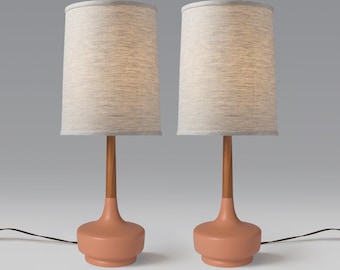 Mid Century Table Lamp Ceramic & Teak — Brooke Desert Rose—Pair