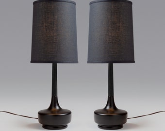 Mid Century Table Lamp Ceramic & Ebonized Walnut—Brooke  Noir—Pair